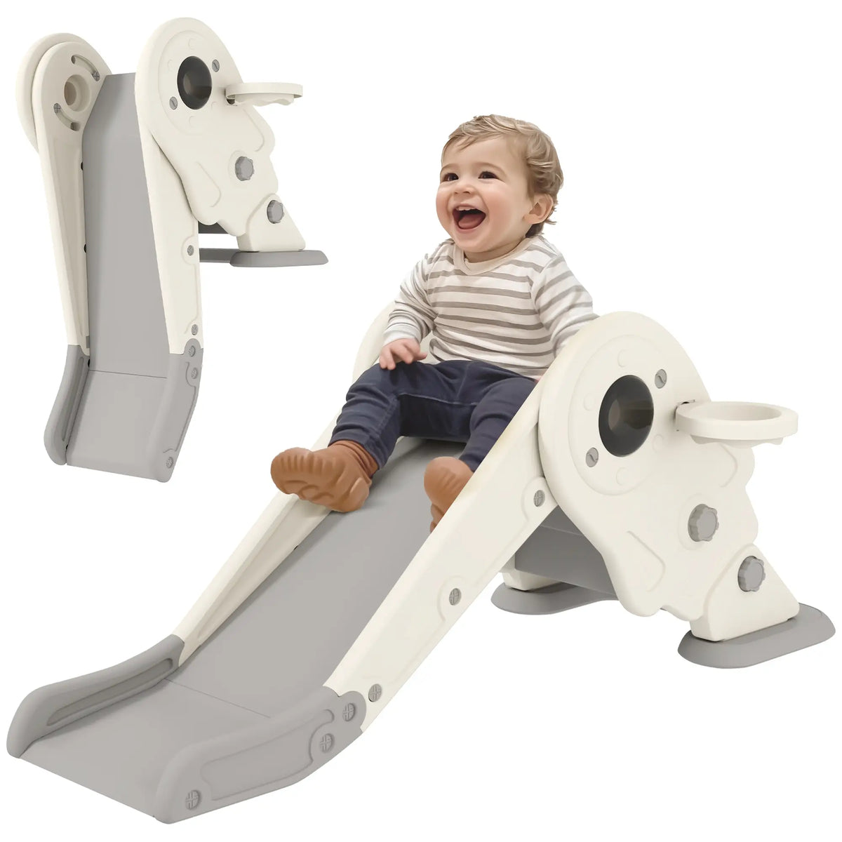 3 in 1 Toddler Slide, Foldable with Basketball Hoop, Climber, Cream White Gym Sets & Swings at Gallery Canada