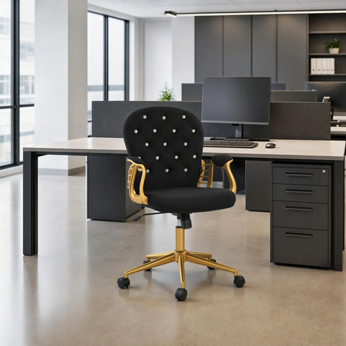 Velvet Office Desk Chair, Button Tufted, Swivel Wheels, Adjustable Height, Black