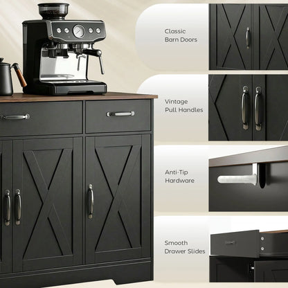 55" Sideboard Buffet Cabinet, Farmhouse Kitchen, 4 Barn Doors, 3 Drawers, Black Bar Cabinets at Gallery Canada