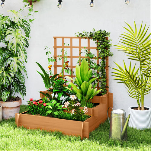 Wooden Elevated Planter Box with Trellis, 3 Tier Raised Garden Bed, Brown