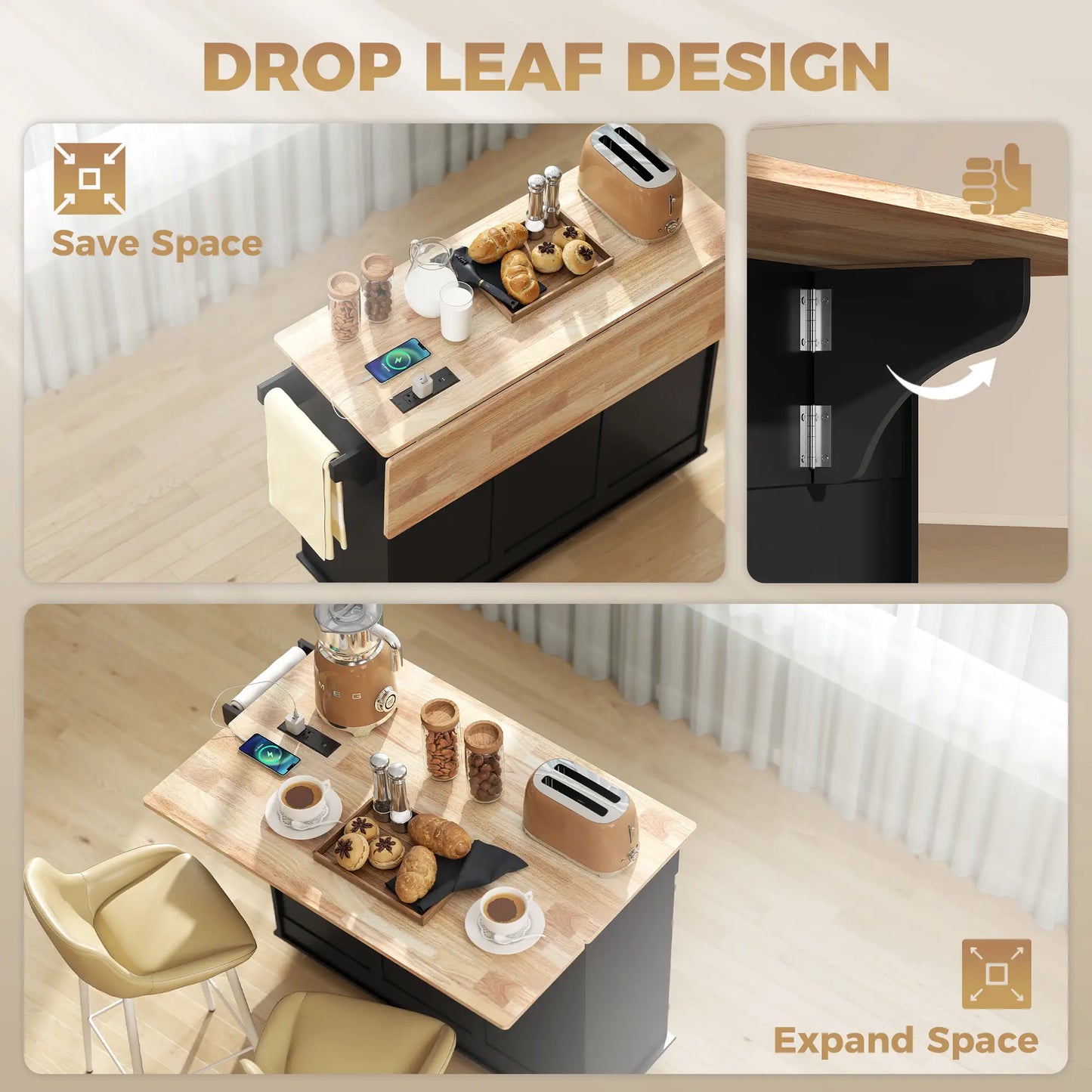 Rolling Kitchen Island With Drop Leaf, Charging Station, Black Kitchen Islands & Kitchen Carts at Gallery Canada