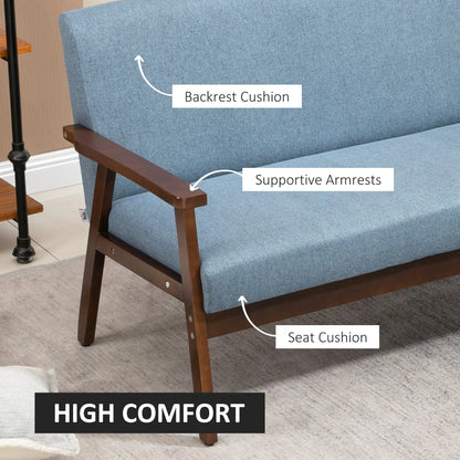 Compact Loveseat Sofa, Linen Fabric, Rubber Wood Legs, Blue