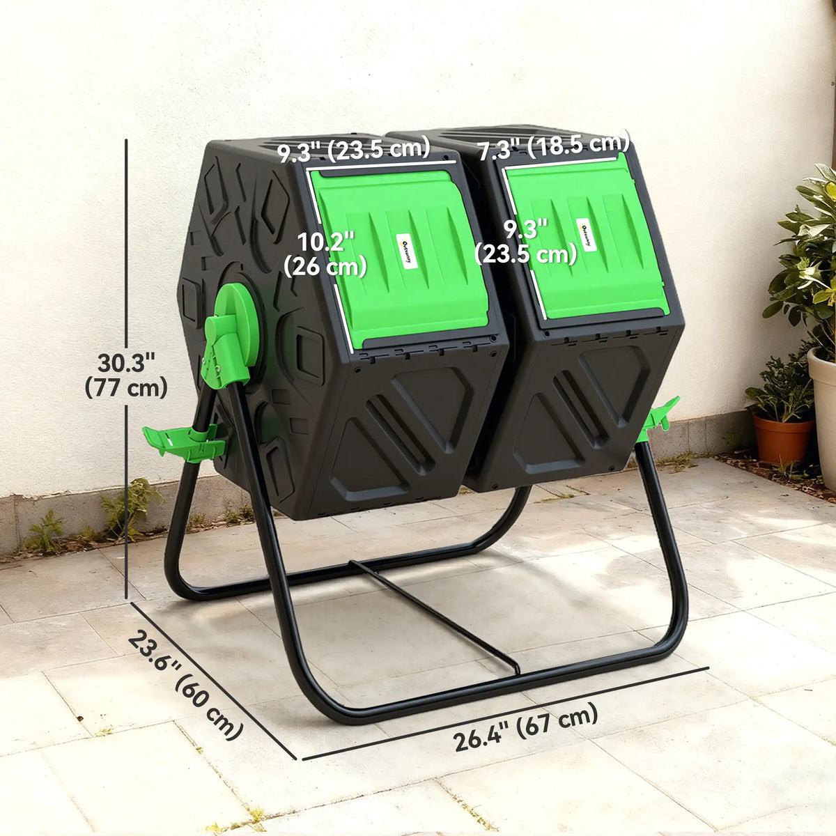 Rotating Composter, Dual Chamber Bin, 24 Vents, Steel Legs, 34.5 Gallon, Green