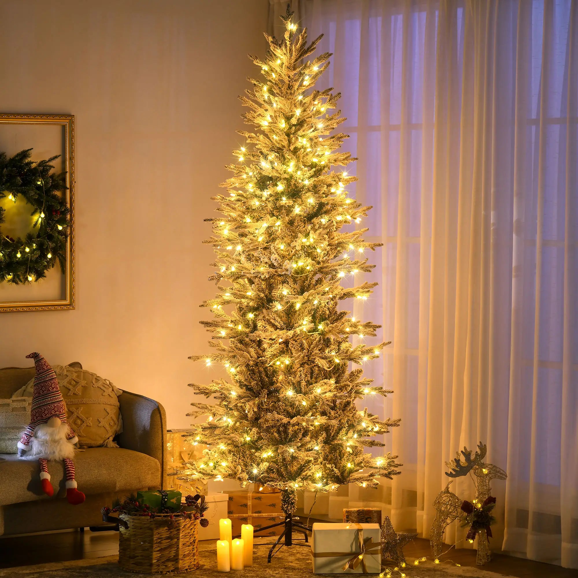 7' Pre Lit Flocked Christmas Tree, Snow Branches, Warm White Lights, Arctic Fir Pre Lit Christmas Trees at Gallery Canada