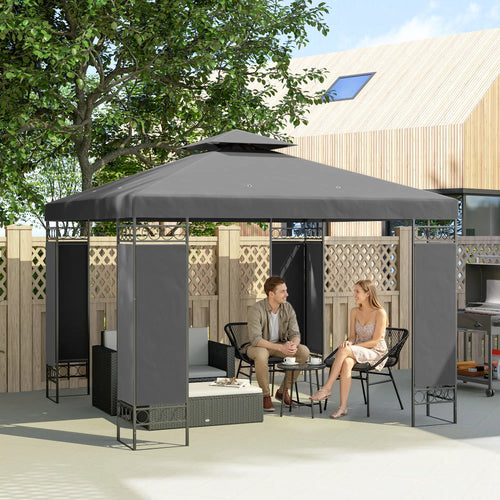 10 x 10 FT Canopy Gazebo, Double Roof With Screen Panels, Dark Grey