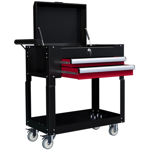 Tool Cart on Wheels, 2 Drawers, Lockable Flip Top, Black