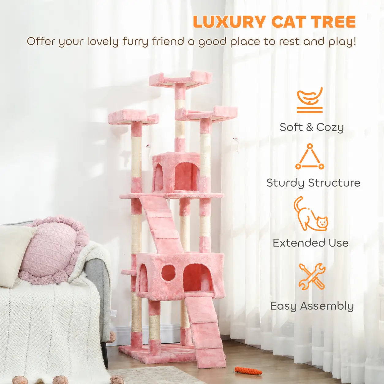 68-Inch Multi-Level Cat Scratching Tree, Kitty Activity Center, Pink Multi-Level Cat Towers at Gallery Canada