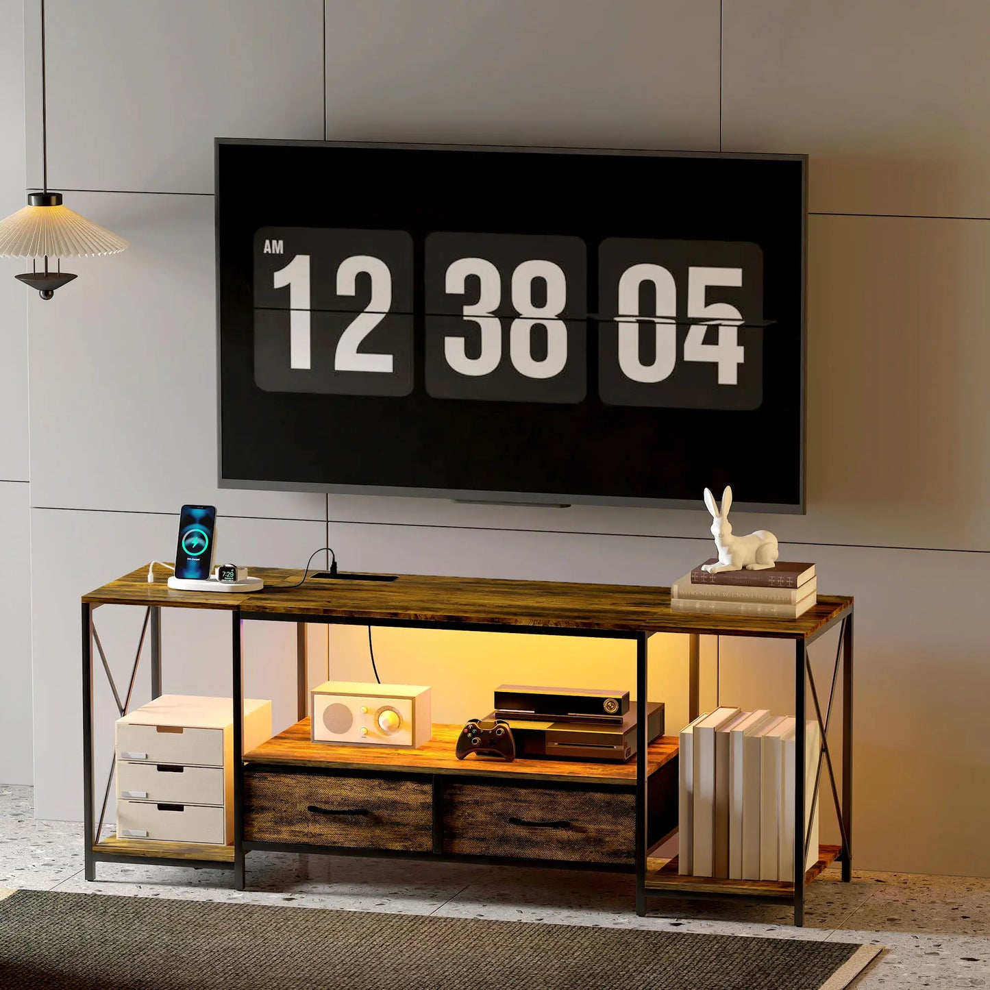Industrial TV Stand For 55 Inch, Rustic Brown, Charging Station, RGB LED, Brown TV Stands at Gallery Canada