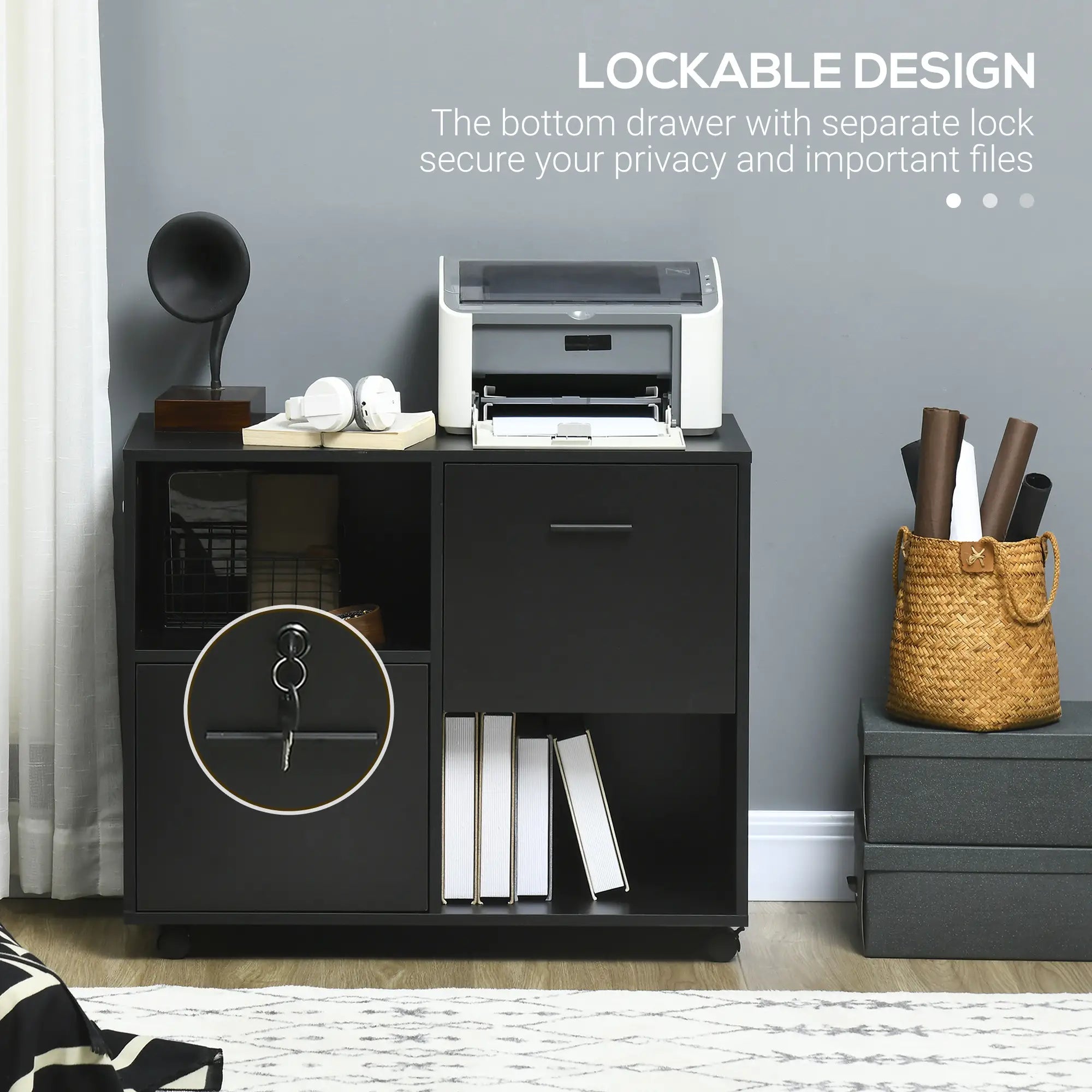 Mobile Printer Stand, Lateral File Cabinet with Lock, A4 Size, Black Office Cabinets & Cupboards at Gallery Canada