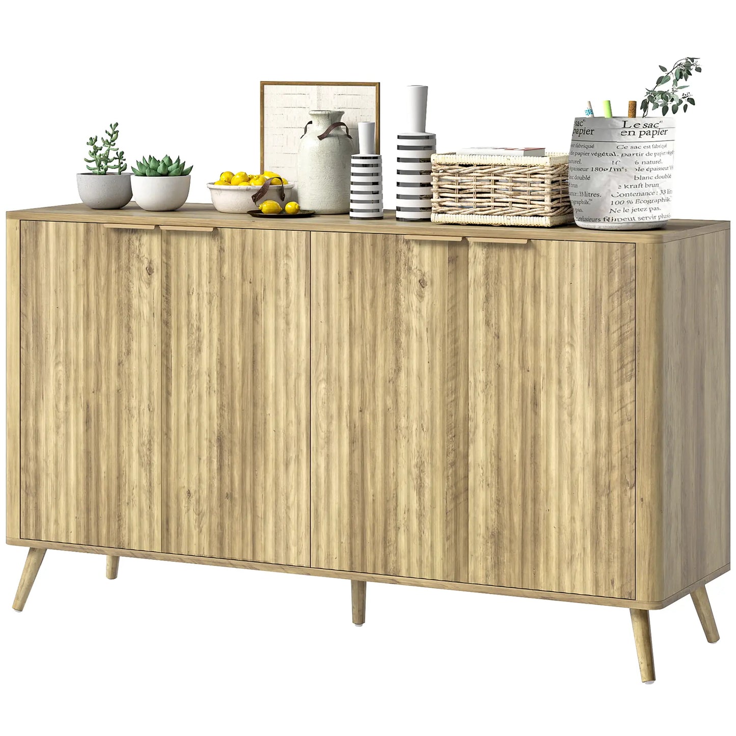 55" Modern Buffet Cabinet, 4 Fluted Doors, 2 Adjustable Shelves, White Storage Cabinets Oak at Gallery Canada