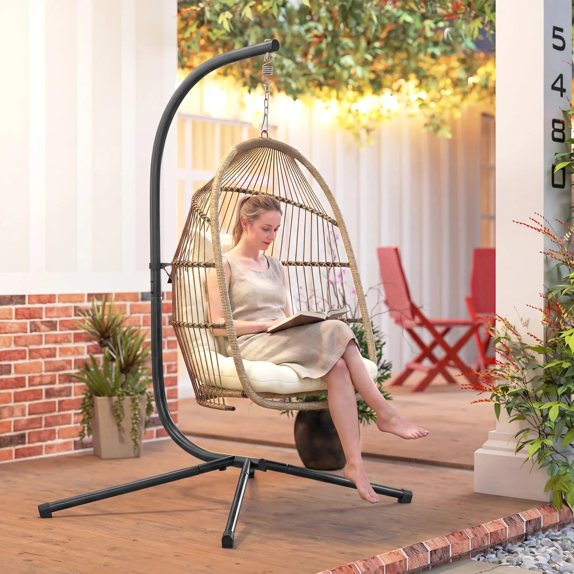 Foldable Wicker Egg Swing Chair, With Stand And UV Cushion, Beige Patio Chairs at Gallery Canada
