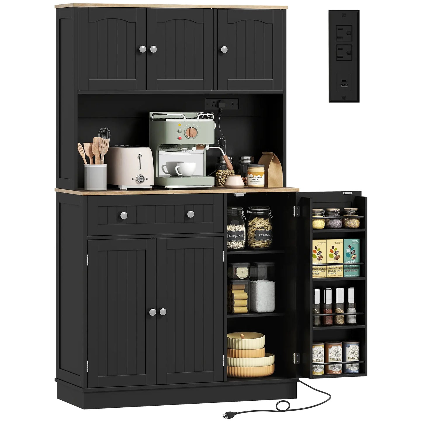 68" Pantry Cabinet with Charging Station, Microwave Stand, 4 Door Racks, Black Kitchen Pantry Cabinets at Gallery Canada