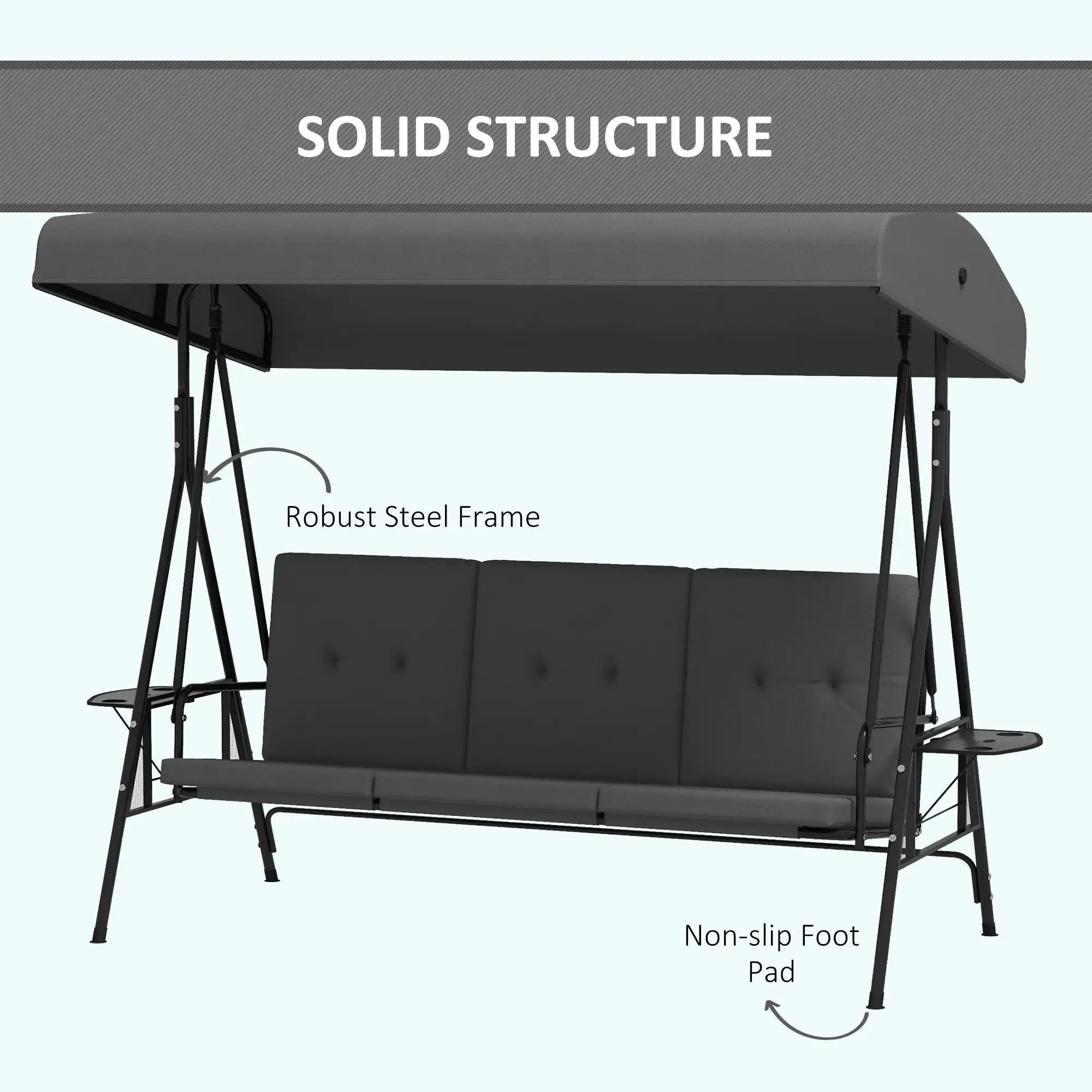 3-Seat Outdoor Swing With Adjustable Canopy, Side Tray, Removable Cushion, Grey Patio Swings with Stand at Gallery Canada