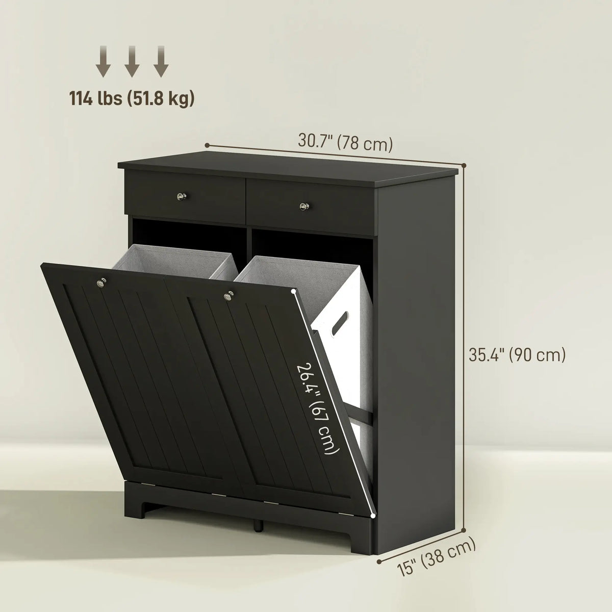 Laundry Cabinet, Tilt Out Hamper with 2 Baskets, 2 Drawers, Black Bathroom Cabinets at Gallery Canada