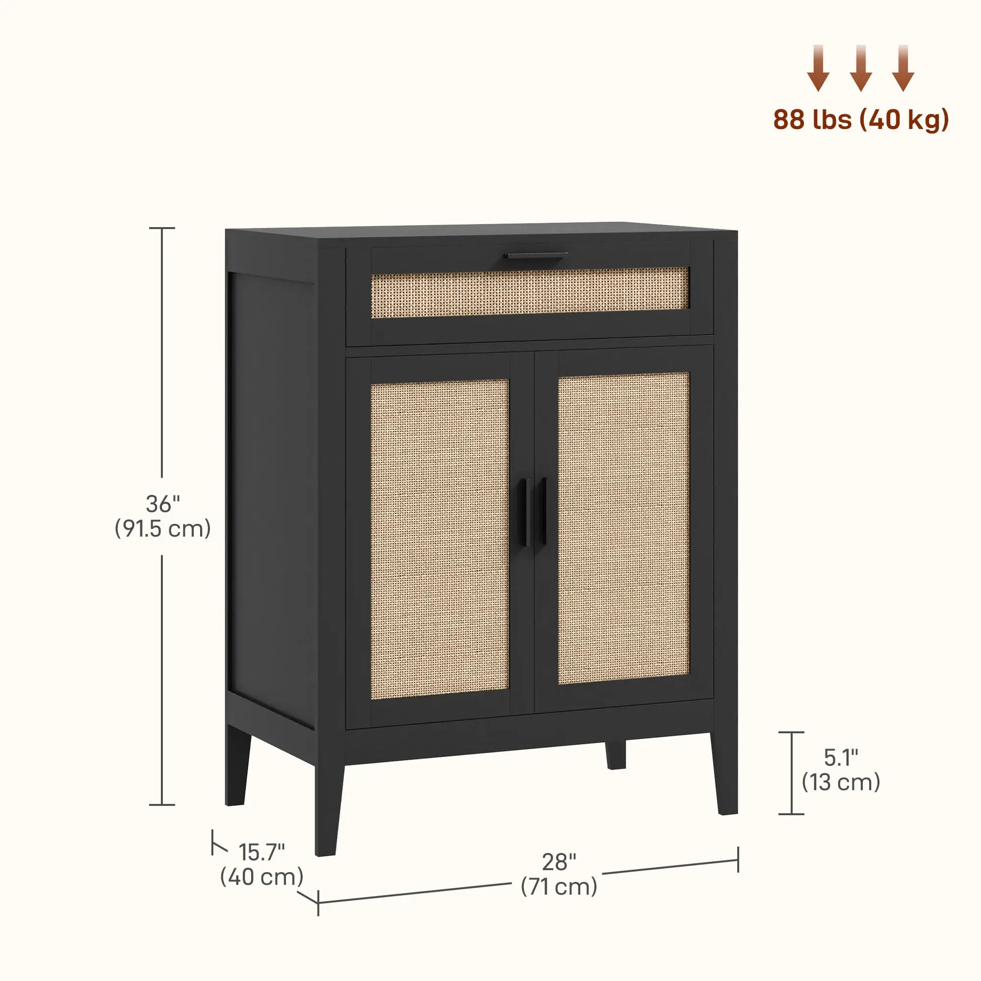Boho Kitchen Sideboard, 2 Rattan Doors, Drawer, Black Storage Cabinets at Gallery Canada