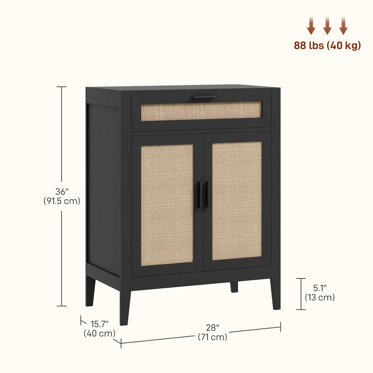 Boho Kitchen Sideboard, 2 Rattan Doors, Drawer, Black Storage Cabinets at Gallery Canada