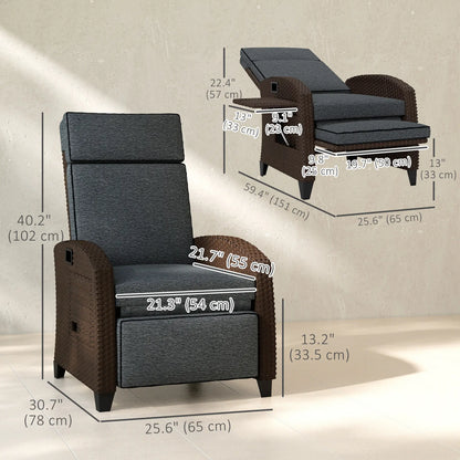 Outdoor Recliner Chair, Adjustable Backrest, Cushion, Side Tray, Dark Grey Wicker Chaise Loungers at Gallery Canada