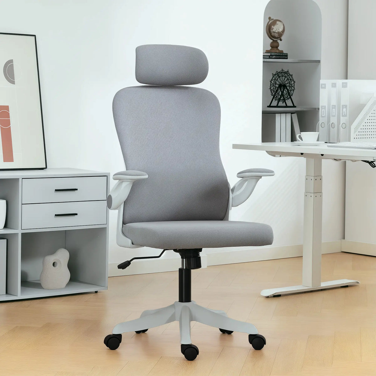 Ergonomic Office Chair, Swivel Desk Chair with Lumbar Support, Headrest, Grey Task Chairs at Gallery Canada