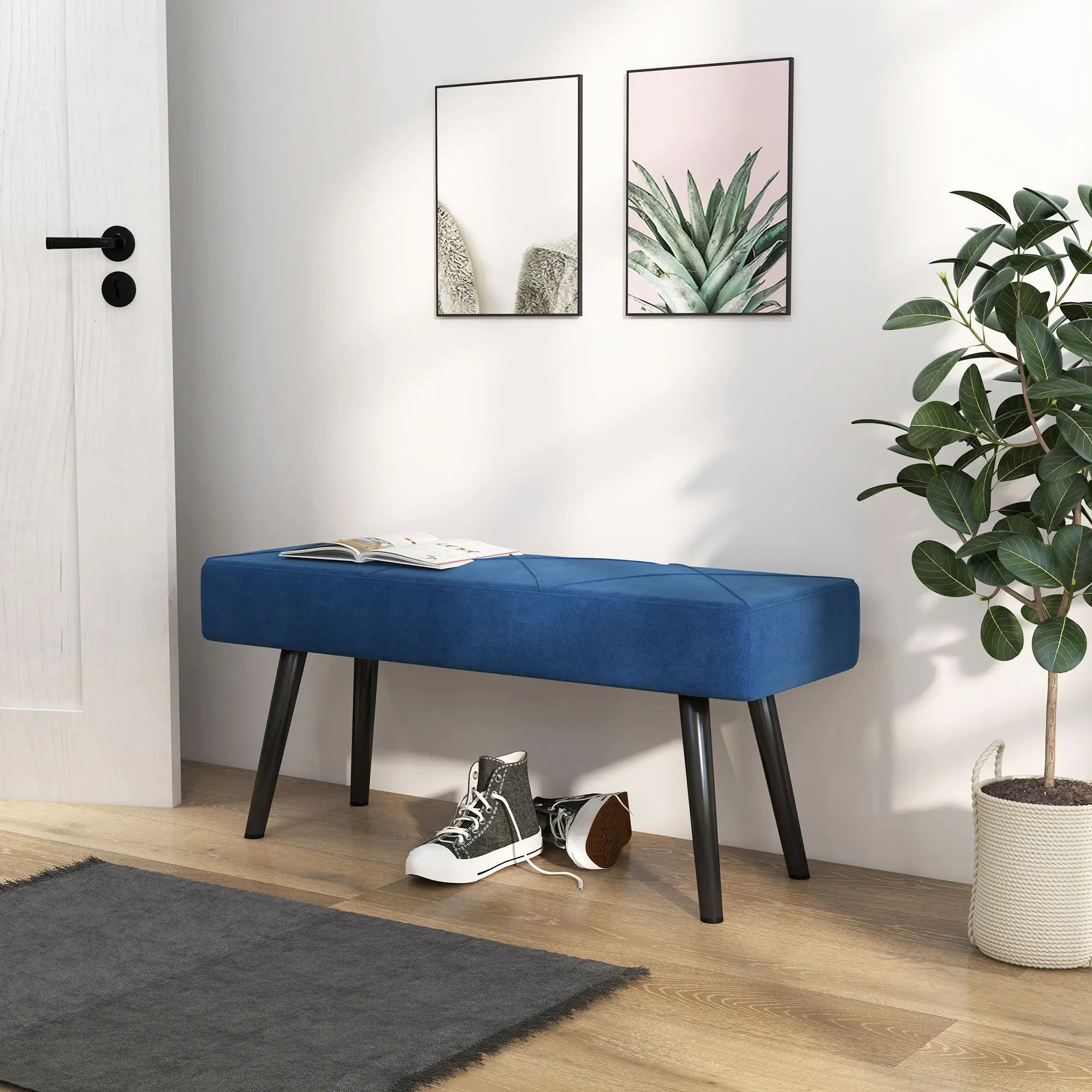 39 Inches Upholstered Bed Bench, Modern Steel Legs, Dark Blue Storage Ottomans & Benches at Gallery Canada