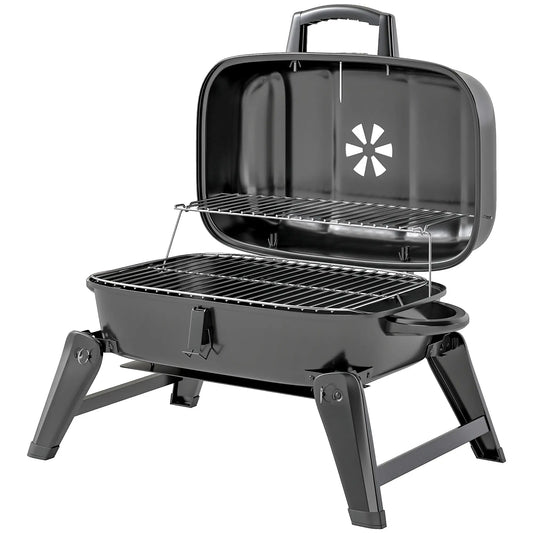 Foldable Charcoal BBQ Grill With Warming Rack, Adjustable Vent, Thermometer, Black
