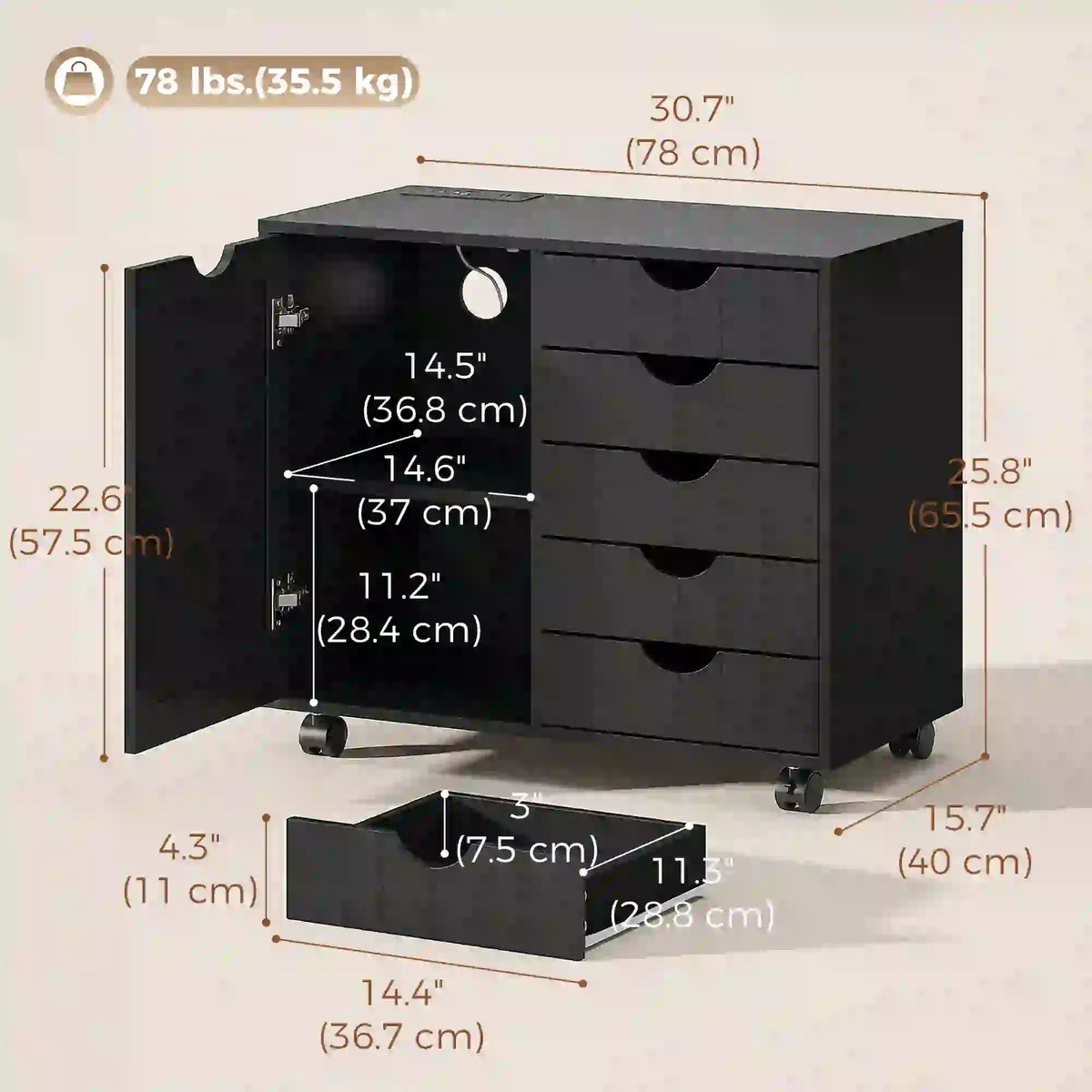 Mobile Lateral Filing Cabinet with 5 Drawers, Printer Stand, Black Office Cabinets & Cupboards at Gallery Canada