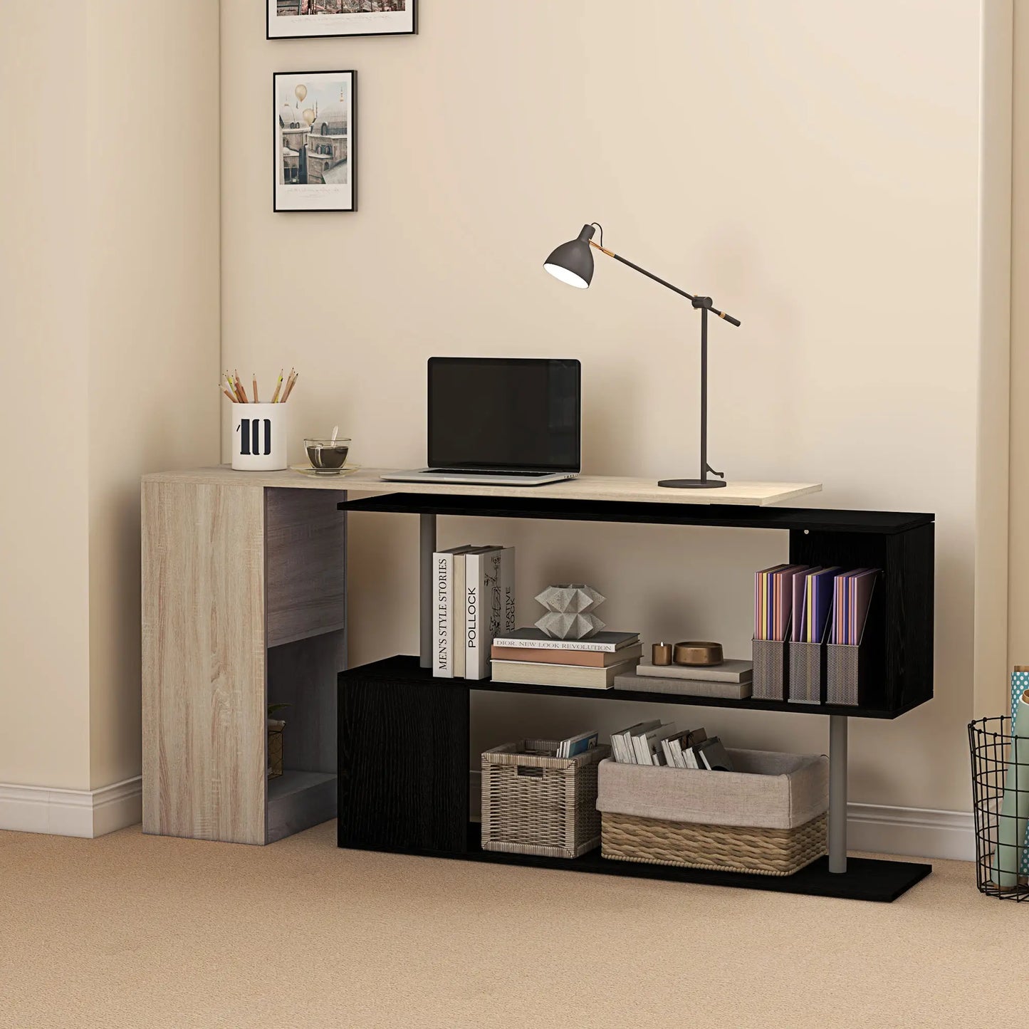 55" Corner Computer Desk, L-Shaped Rotating Workstation, 3-Tier Shelves Computer Desks at Gallery Canada