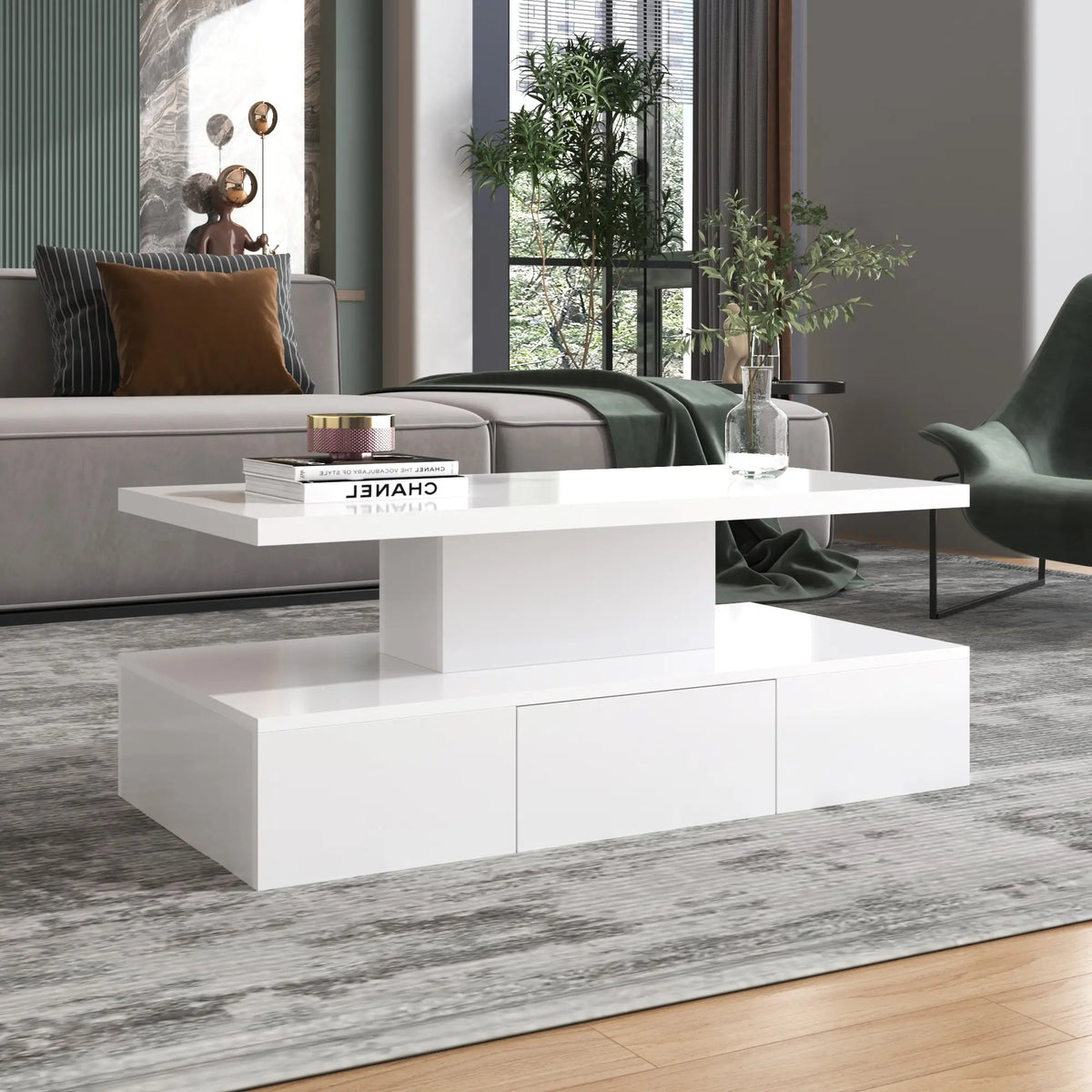 High-Gloss Coffee Table, Hidden Drawer, 39.5" L x 19.5" W x 15.5" H, White Coffee Tables at Gallery Canada