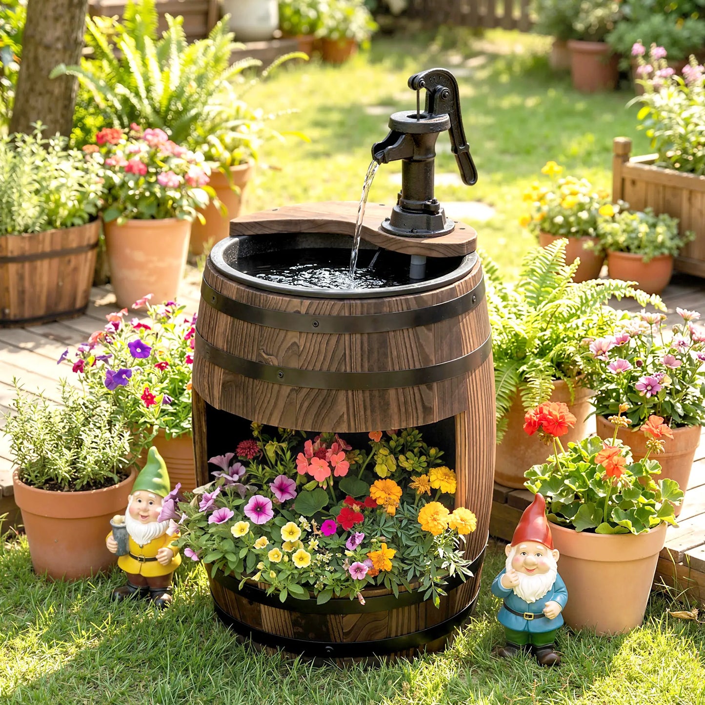 Wooden Outdoor Fountain, Electrical Barrel Waterfall, 3600r/min Pump, Carbonized Water Fountains at Gallery Canada