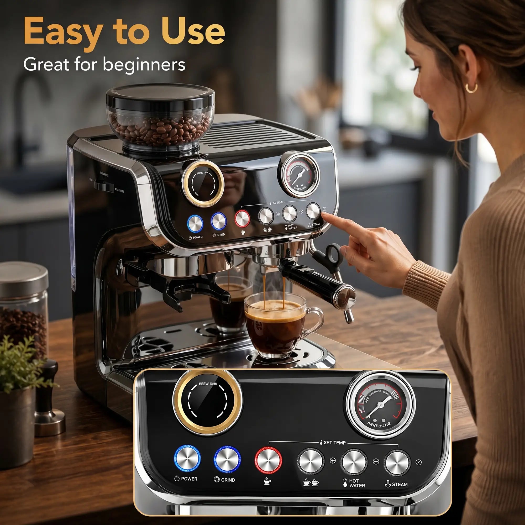 15 Bar Espresso Machine With Grinder & Milk Frother, Stainless Steel, Black Small Kitchen Appliances at Gallery Canada