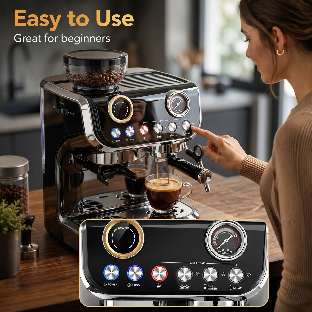 15 Bar Espresso Machine With Grinder & Milk Frother, Stainless Steel, Black Small Kitchen Appliances at Gallery Canada