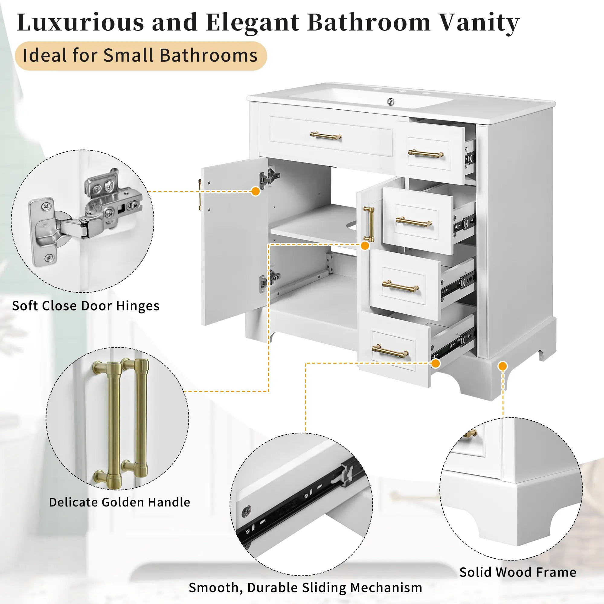 Bathroom Vanity, Ceramic Sink, Soft-Close Doors, 36
