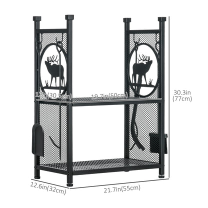 2-Tier Firewood Rack, Shovel, Broom, Poker, Tongs, 21.7" x 12.6" x 30.3", Black Firewood Racks at Gallery Canada