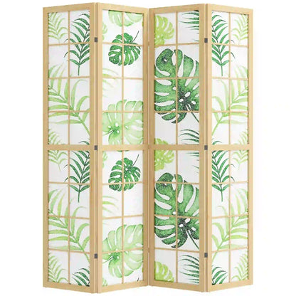4 Panel Folding Privacy Screen, 67" Palm Leaf Design, Natural Green, Green Room Dividers at Gallery Canada