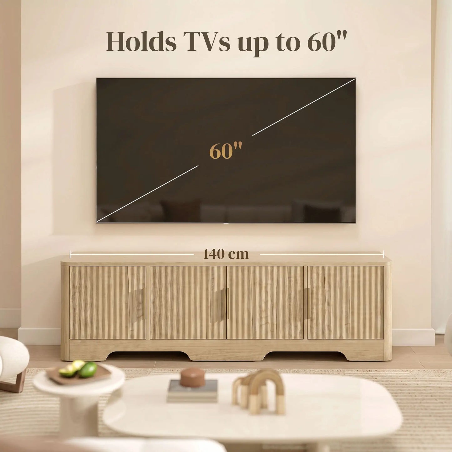 TV Stand for TVs up to 60", Modern Entertainment Center with Fluted Doors for Living Room, Oak