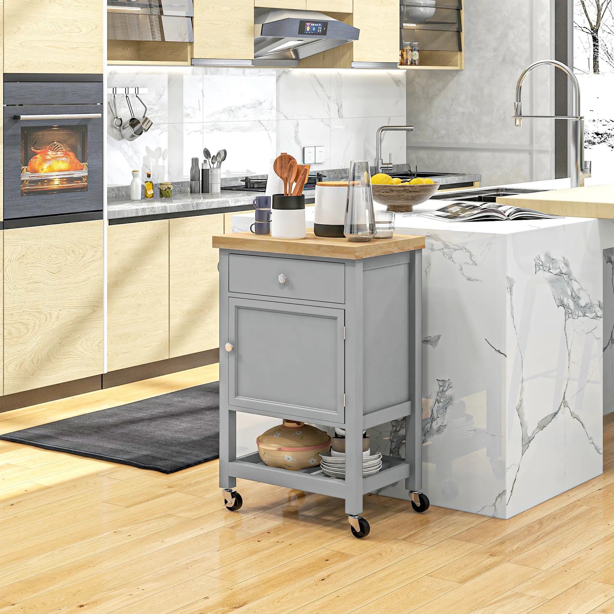 Kitchen Cart on Wheels, Wood Top, Towel Rack, Drawer, Shelf, Grey Kitchen Islands & Kitchen Carts at Gallery Canada