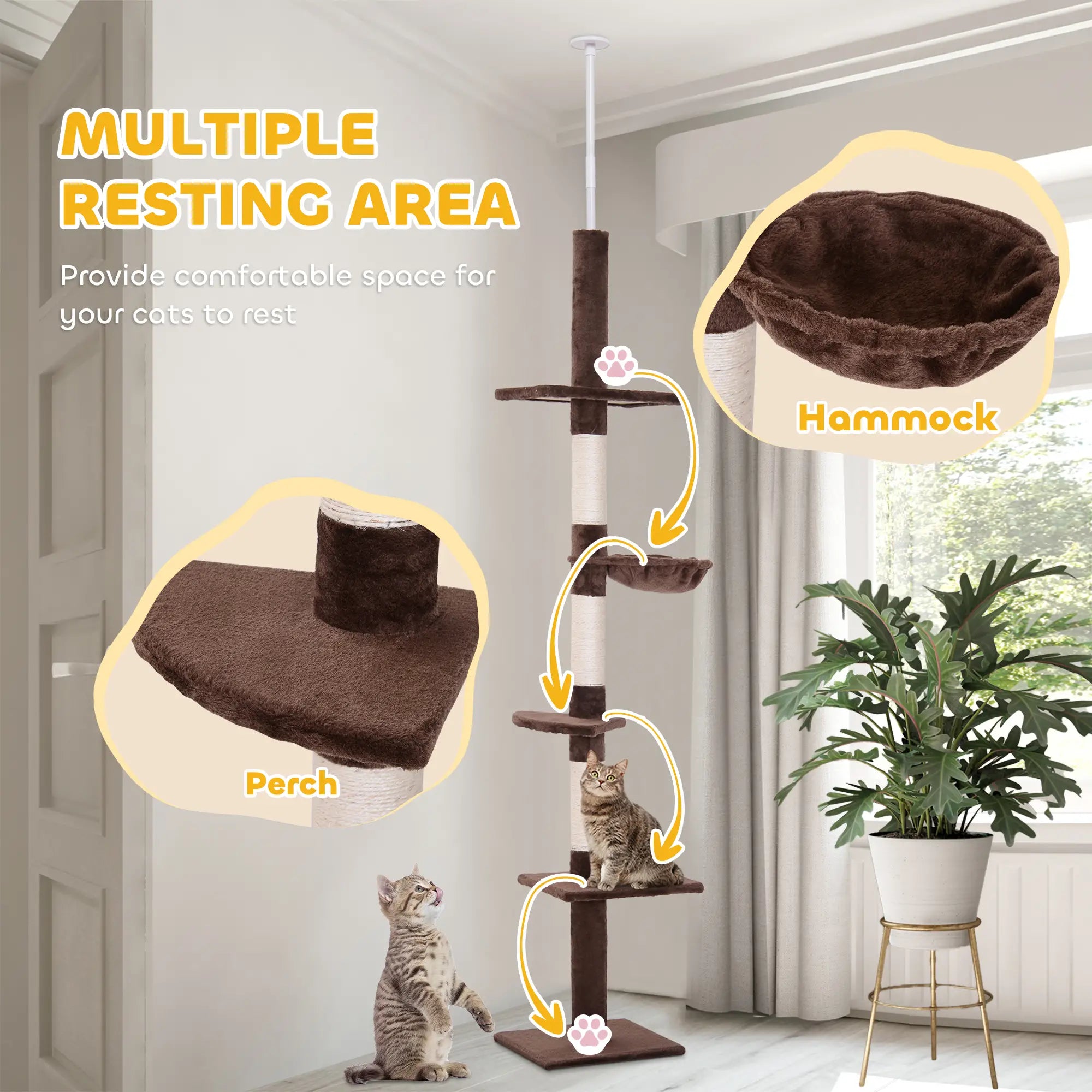 8.5ft Cat Climbing Tree, 5-Tier Kitty Activity Center, Scratching Post, Brown and White Floor to Ceiling Cat Trees at Gallery Canada