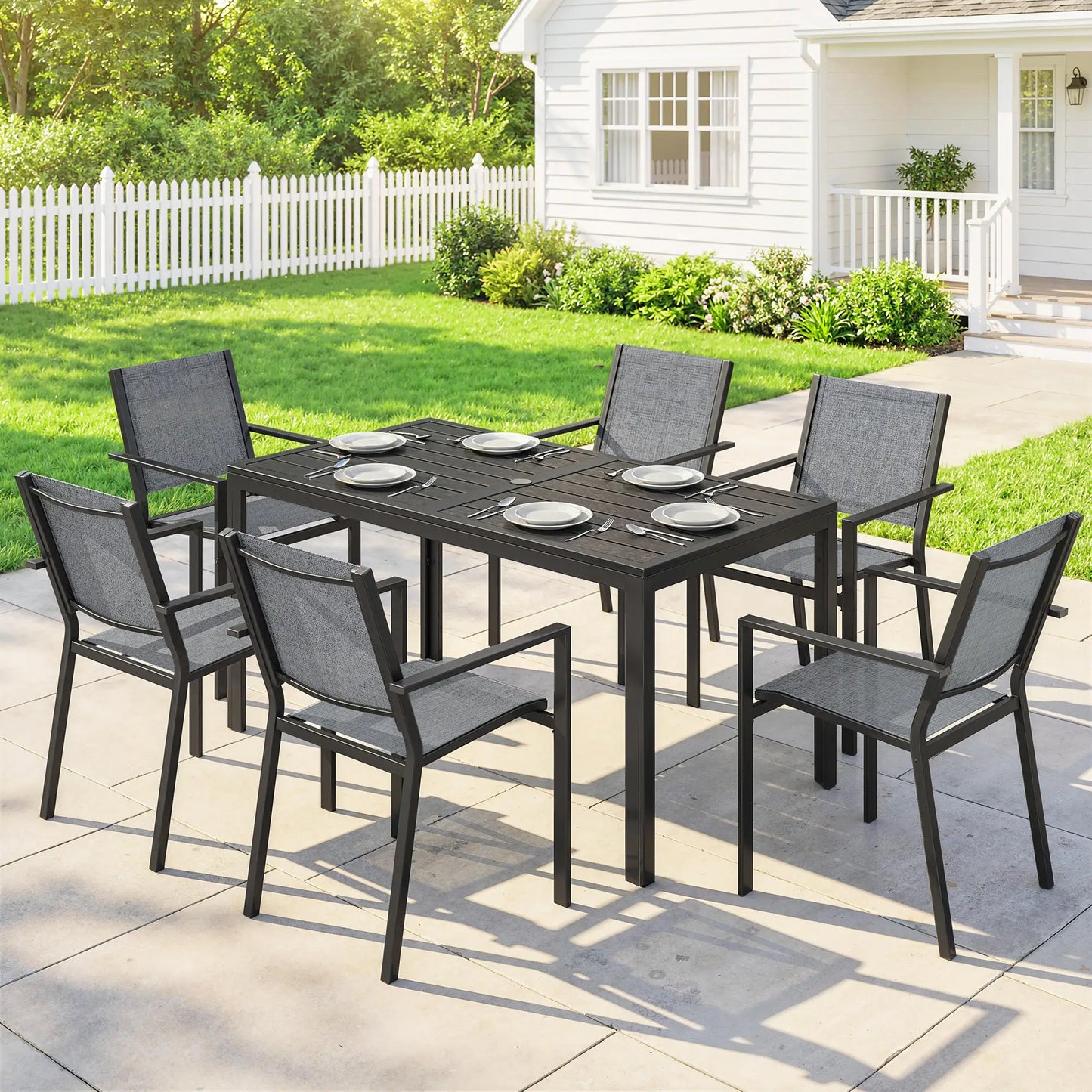 Outdoor Dining Set For 6, Black Metal Patio Table, Mesh Stackable Chairs, Black Outdoor Dining Sets at Gallery Canada