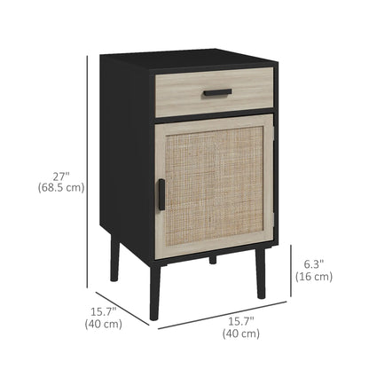 Boho Bedside Tables Set of 2, Nightstands with Drawer, Rattan Cabinet, Black Bedside Tables at Gallery Canada