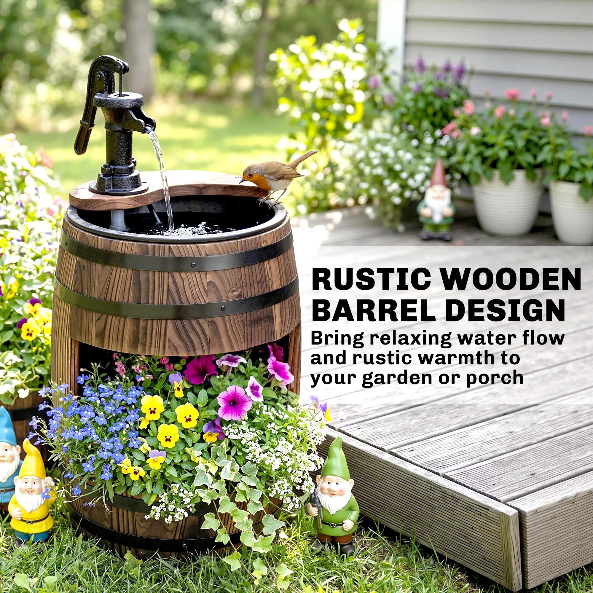 Wooden Outdoor Fountain, Electrical Barrel Waterfall, 3600r/min Pump, Carbonized Water Fountains at Gallery Canada