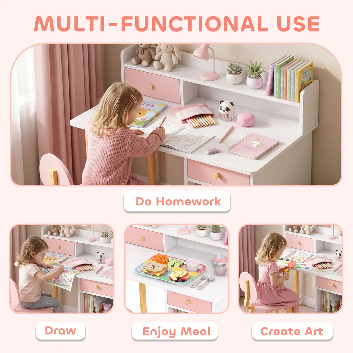 Kids Study Table and Chair Set, Desk with Storage, for 3-8 Year Old, Pink Kids Desk Sets at Gallery Canada