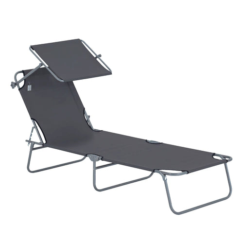 Outdoor Lounge Chair, Adjustable Folding Chaise, Tanning Chair with Shade, Grey