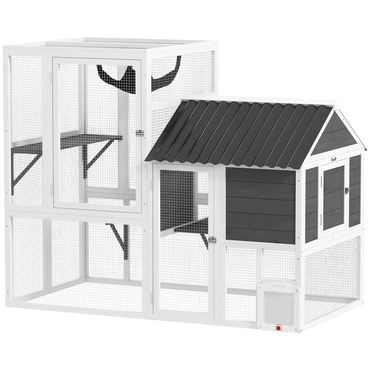 Large Catio, 63" L Outdoor Cat House with 4-Way Door, Hammock, 2 Platforms Outdoor Cat Enclosures White, Grey, Black at Gallery Canada