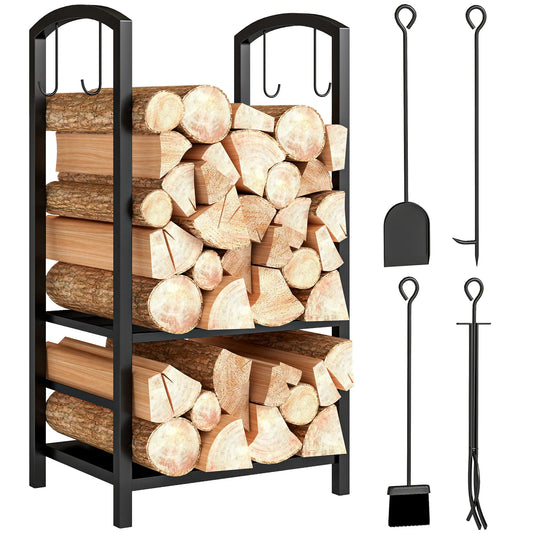 16" 2-Tier Firewood Log Rack, Storage Holder with Tools, Black Firewood Racks Black at Gallery Canada