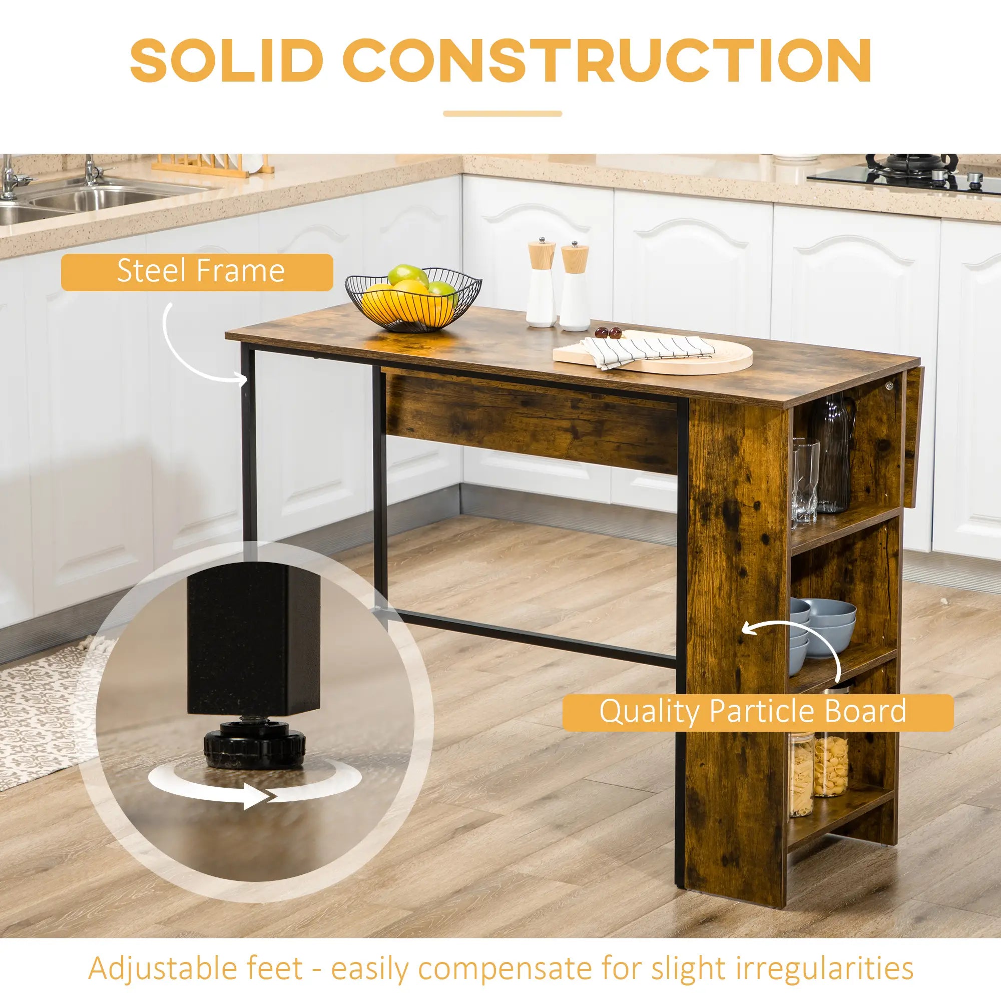 Counter Height Table, Drop Leaf, Extendable, Adjustable Shelf, Rustic Brown, Brown Bar Sets at Gallery Canada