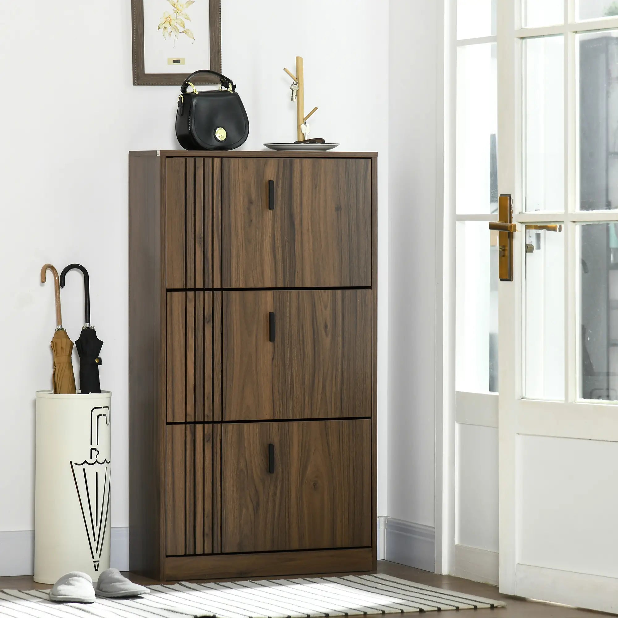 Shoe Storage Cabinet, 18 Pairs, 3 Flip Drawers, Adjustable Shelves, Walnut Shoe Storage Cabinets & Racks at Gallery Canada