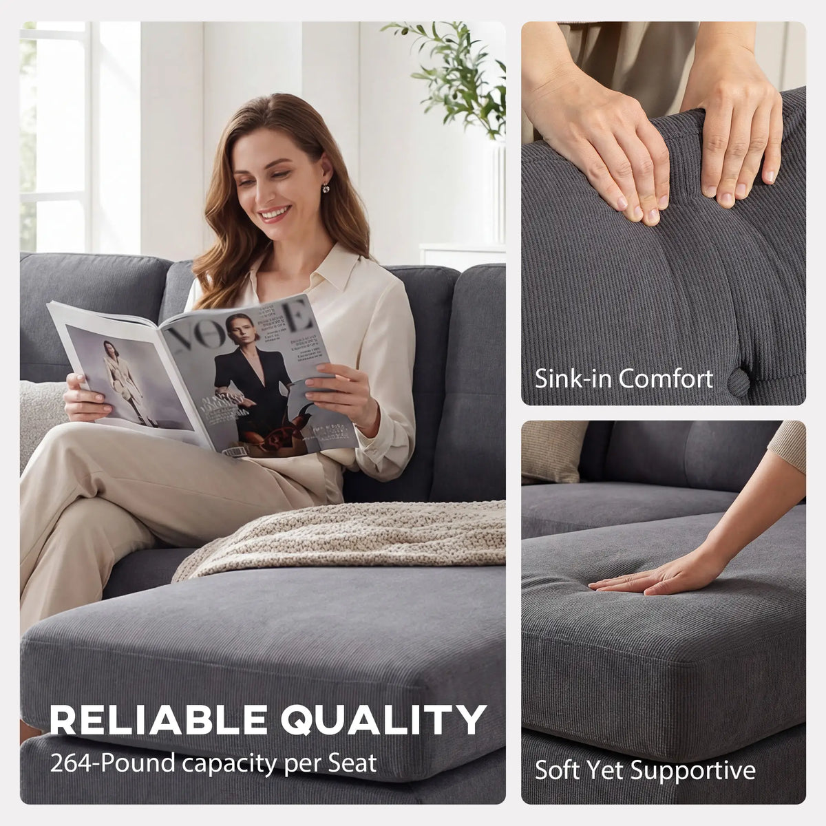 Sectional Sofa with Changeable Chaise, 3 Seat L-Shaped, Dark Grey 3-Seater Sofas at Gallery Canada