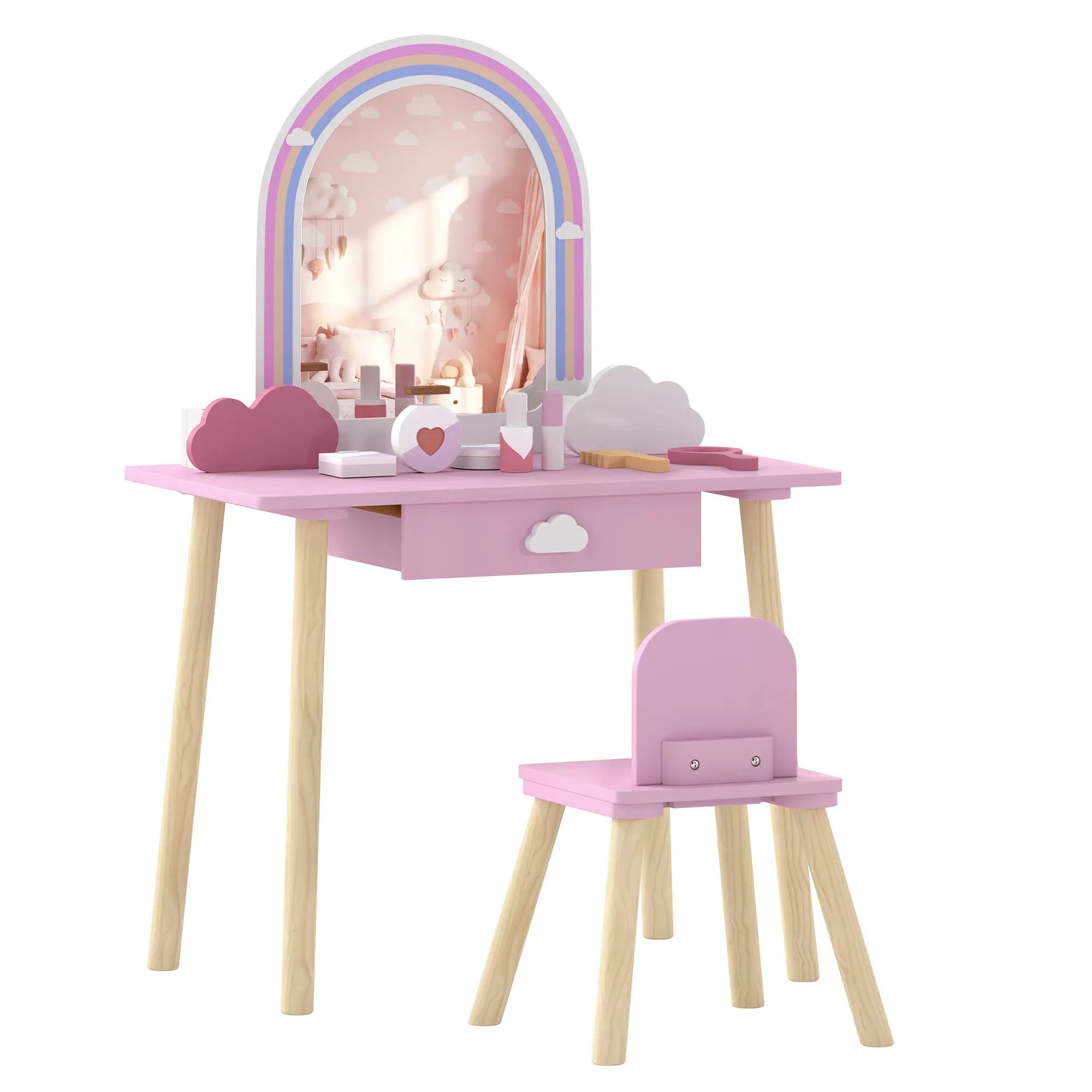 Kids Vanity Set, Makeup Table, Mirror, Stool, Drawer, 7-Piece, Pink Toy Vanity at Gallery Canada
