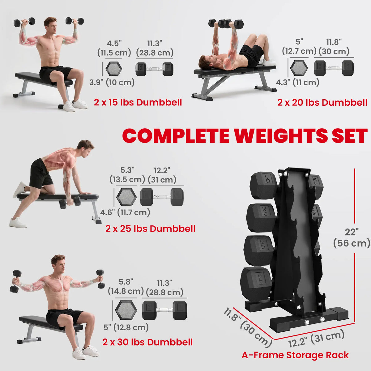 Hex Dumbbell Set With Rack, 180lbs Rubber-Coated, black Dumbbells & Barbells at Gallery Canada