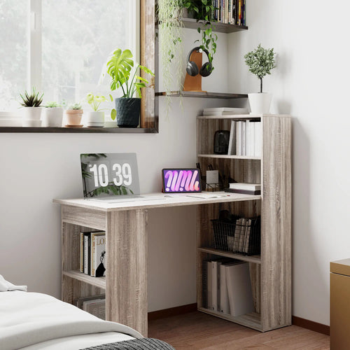 Computer Desk With Storage, PC Table With Bookshelf, Oak