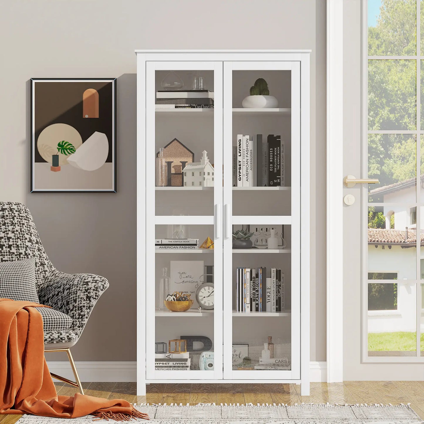 Freestanding Kitchen Pantry, 5-Tier Storage Cabinet, Adjustable Shelves, 2 Glass Doors, White Kitchen Pantry Cabinets at Gallery Canada
